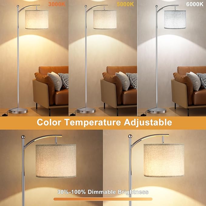 Ambimall Floor Lamp with Remote Control and Stepless Dimmable Bulb, Colors Temperature & Brightness Adjustable, Modern Floor Lamps for Living Room（Grey Shade & Silver Pole） - LeafyLoom