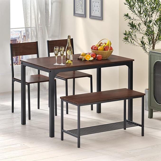 SogesPower Dining Room Table Set 43 Inch Kitchen Table Set with 2 Chairs and Bench, Dining Room Table Set for 4 Home, Kitchen, Dining Room, Restaurant - LeafyLoom