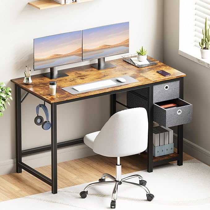 SMUG 47 Inch Computer Desk, Small Office Desk with Storage Drawers, Modern Simple Style Writing Study PC Work Table for Home Bedroom Small Spaces - LeafyLoom
