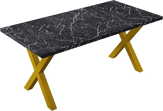 NicBex Dining Table Contemporary Kitchen Table Farmhouse Rustic 70.87" Square Dining Table with Printed Black Marble Table Top+Gold X-Shape Table Leg Rectangular Dining Table, Black +Gold - LeafyLoom