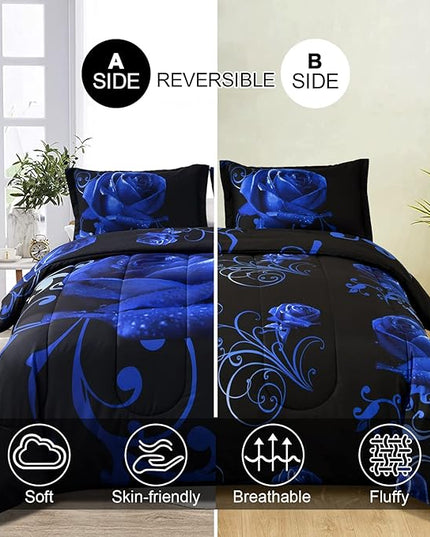 WONGS BEDDING Blue Comforter Set Queen Reversible Blue Rose Pattern Printed Bedding Comforter Set with 2 Pillowcases for All Seasons, Soft Microfiber Filling Bedding Set 90"x90" - LeafyLoom