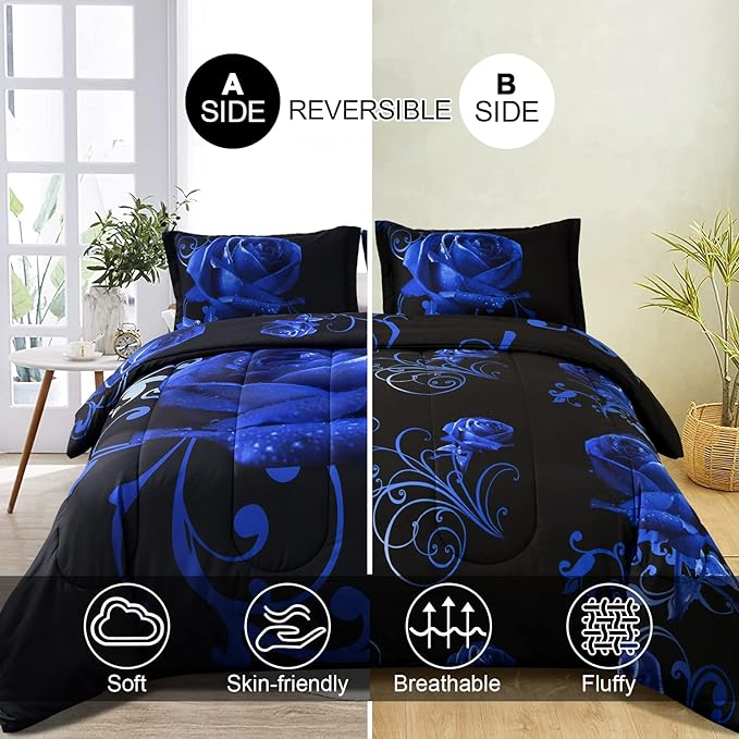 WONGS BEDDING Blue Comforter Set Queen Reversible Blue Rose Pattern Printed Bedding Comforter Set with 2 Pillowcases for All Seasons, Soft Microfiber Filling Bedding Set 90"x90" - LeafyLoom