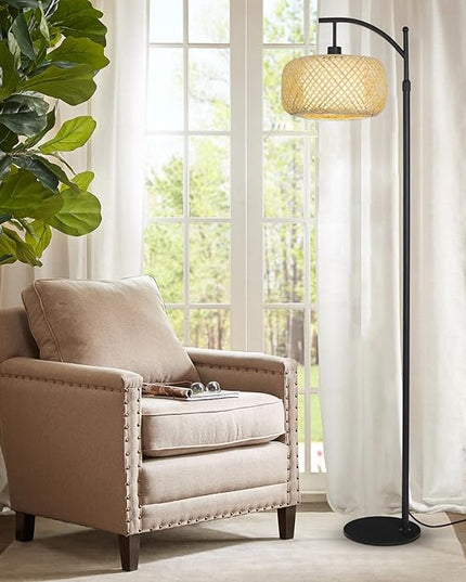 Arc Floor Lamps, Bamboo Floor Lamp with Remote & Dimmable LED Bulb, Boho Rattan Pole Lamps with Bamboo & Fabric Shades, Rustic Standing Lamps for Living Room Bedroom Tall Reading Light - LeafyLoom