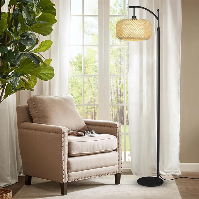 Arc Floor Lamps, Bamboo Floor Lamp with Remote & Dimmable LED Bulb, Boho Rattan Pole Lamps with Bamboo & Fabric Shades, Rustic Standing Lamps for Living Room Bedroom Tall Reading Light - LeafyLoom