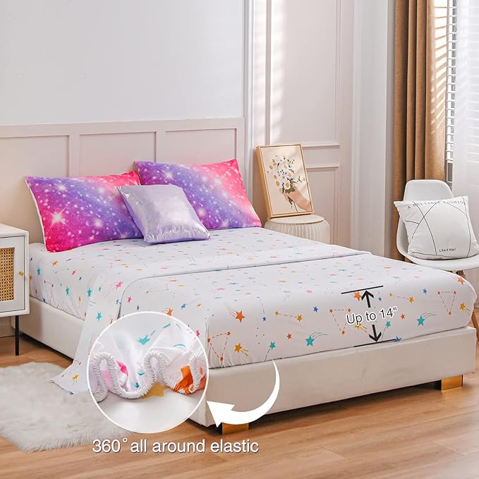 A Nice Night 6Pcs Gradient Glitter Bedding Set for Girls, Colorful Rainbow Galaxy Comforter Set, Ultra Soft Bedding Sets (Pink-Purple,Full 6Pcs) - LeafyLoom