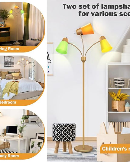 FOLKSMATE LED Floor Lamp, Medusa 3 Head Modern Adjustable Gooseneck Tall Standing Light for Living/Kids Room, Bedroom, Brass Gold - LeafyLoom