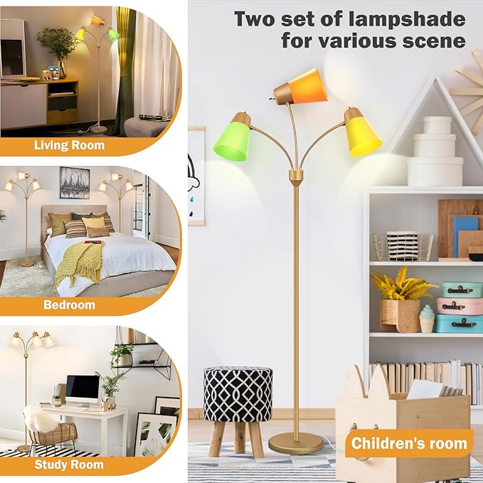 FOLKSMATE LED Floor Lamp, Medusa 3 Head Modern Adjustable Gooseneck Tall Standing Light for Living/Kids Room, Bedroom, Brass Gold - LeafyLoom