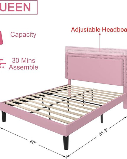 VECELO Queen Size Platform Bed Frame with Height Adjustable Upholstered Headboard, Modern Mattress Foundation,Strong Wood Slat Support, No Box Spring Needed, Easy Assembly - LeafyLoom