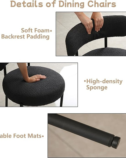 Black Dining Chairs Set of 4 Round Upholstered Boucle Dining Room Chairs Mid-Century Modern Kitchen Chairs Curved Backrest Chairs for Dining Room Black Metal Legs - LeafyLoom