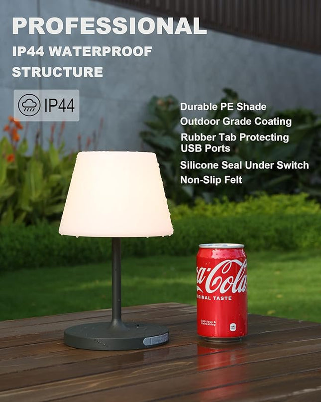 Outdoor Battery Operated Table Lamp Waterproof, 4000mAh Cordless Table Lamp Rechargeable, Touch Dimmable Desk Lamp, LED Night Light for Patio Camping Restaurant Home, H9.6in, Dark Grey - LeafyLoom