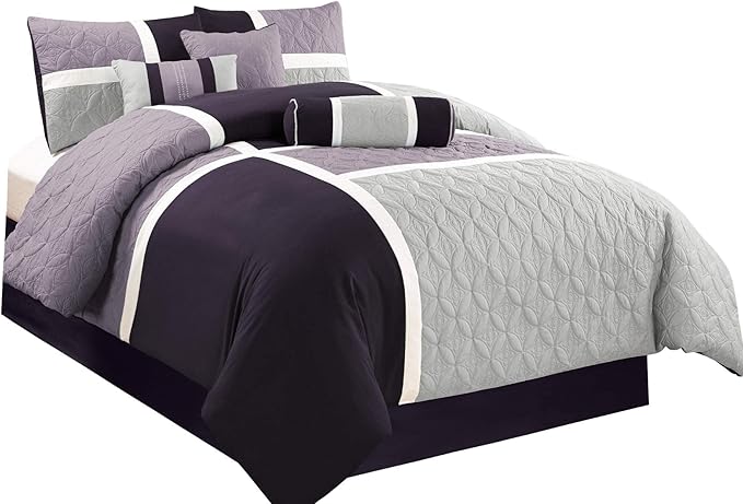 Chezmoi Collection Upland 7-Piece Quilted Patchwork Comforter Set, Lavender/Gray/Purple, California King - LeafyLoom