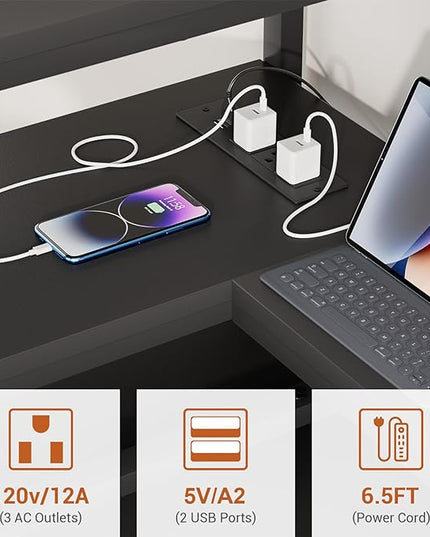 Gaming Desk with Storage, 47'' LED Light Desk, Home Office Computer Desk, Reversible Shelves & Power Outlets, Black - LeafyLoom