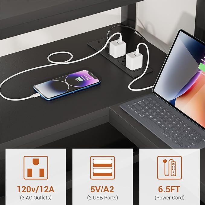 Gaming Desk with Storage, 47'' LED Light Desk, Home Office Computer Desk, Reversible Shelves & Power Outlets, Black - LeafyLoom