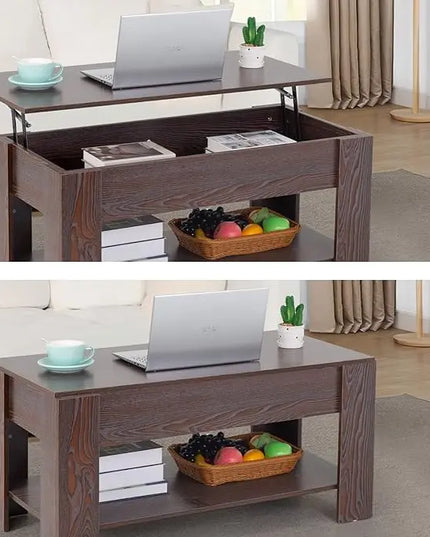 FDW Lift Top Coffee Table with Hidden Compartment and Storage Shelf Wooden Lift Tabletop for Home Living Room Reception Room Office (Espresso) - LeafyLoom