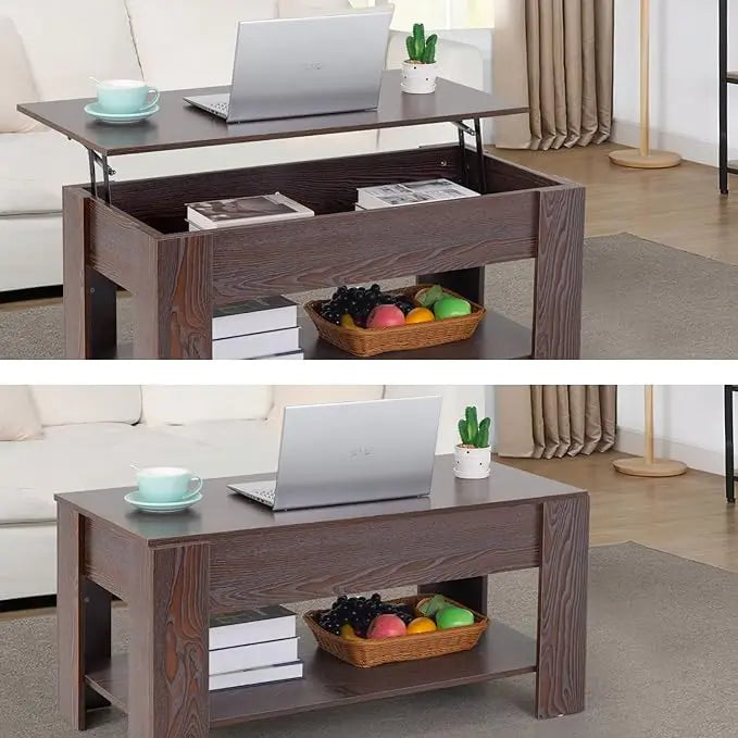 FDW Lift Top Coffee Table with Hidden Compartment and Storage Shelf Wooden Lift Tabletop for Home Living Room Reception Room Office (Espresso) - LeafyLoom