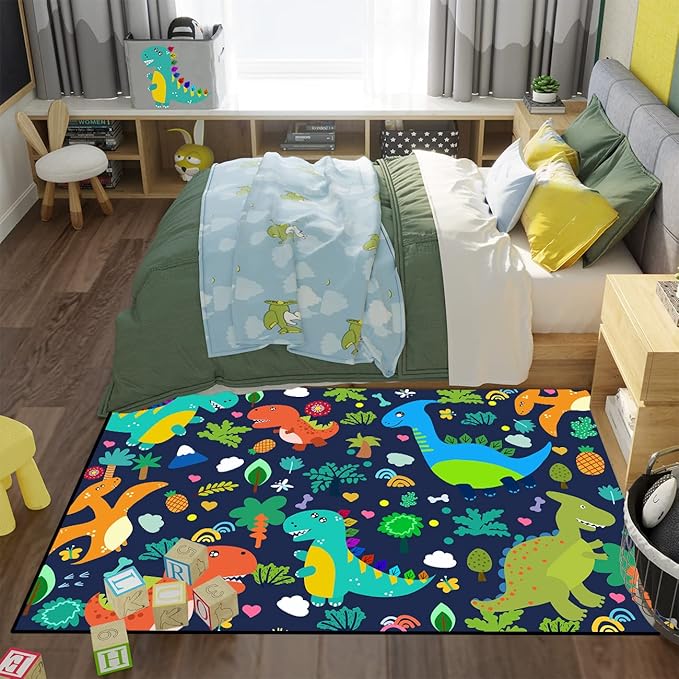 Dinosaur Rugs for Boys Bedroom Cute Dinosaur Area Rug and Leaves Print Dinosaur Rug Kids Rug Play Rug Dinosaur Carpets Cartoon Rug for Playroom Classroom,Blue 4'5''×6' - LeafyLoom