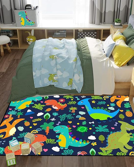 Dinosaur Rugs for Boys Bedroom Cute Dinosaur Area Rug and Leaves Print Dinosaur Rug Kids Rug Play Rug Dinosaur Carpets Cartoon Rug for Playroom Classroom,Blue 2'5''×4' - LeafyLoom