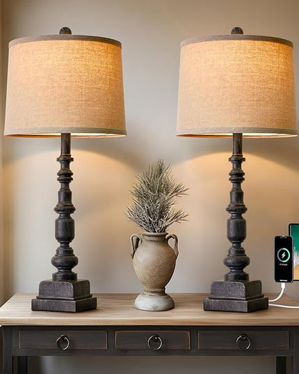 Oneach 27.75” Vintage Farmhouse USB A+C Table Lamps Set of 2 for Living Room Bedroom Traditional Bedside Nightstand Lamp Retro Resin Lamps Linen Shade Nightstand Home Office Antique Black Accent - LeafyLoom