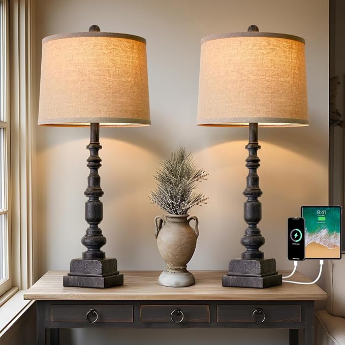 Oneach 27.75” Vintage Farmhouse USB A+C Table Lamps Set of 2 for Living Room Bedroom Traditional Bedside Nightstand Lamp Retro Resin Lamps Linen Shade Nightstand Home Office Antique Black Accent - LeafyLoom