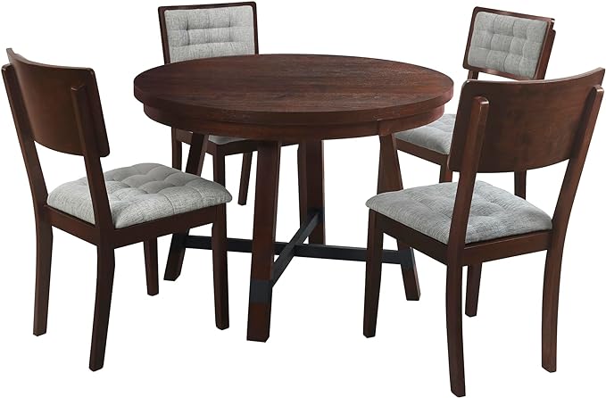 Rustic 42inch Round Dining Table Set for 4-Espresso Finish, 5 Piece with Upholstered Chairs - LeafyLoom