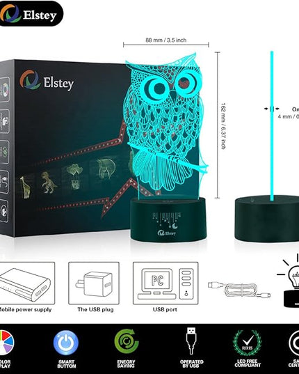Elstey Owl 3D Illusion Lamp, 7 Color Changing Touch Table Desk LED Night Light Great Kids Gifts Home Decoration - LeafyLoom
