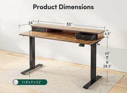 FEZIBO 55 x 24 Inch Height Adjustable Electric Standing Desk with Double Drawer, Stand Up Desk with Storage Shelf, Sit Stand Desk, Rustic Brown - LeafyLoom