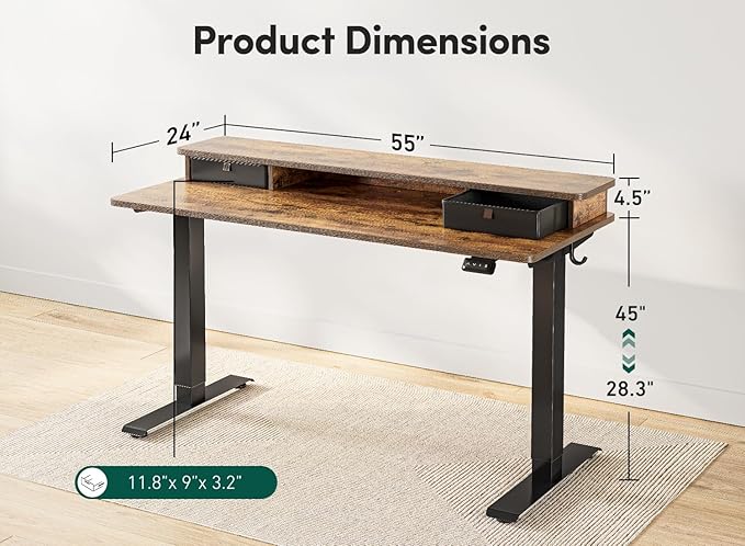 FEZIBO 55 x 24 Inch Height Adjustable Electric Standing Desk with Double Drawer, Stand Up Desk with Storage Shelf, Sit Stand Desk, Rustic Brown - LeafyLoom