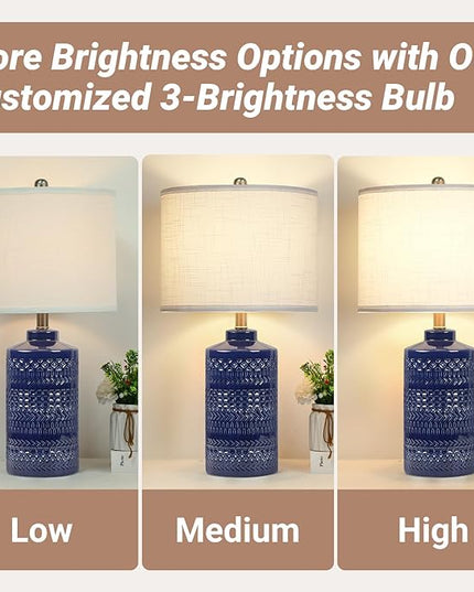 Navy Blue Table Lamp 24.5", Modern Bedside Lamp Blue Ceramic Table Lamps for Living Room 3-Way Dimmable Entryway Lamp Nightstand Lamp Farmhouse Lamp for Home Office Bedroom, Bulb Included - LeafyLoom