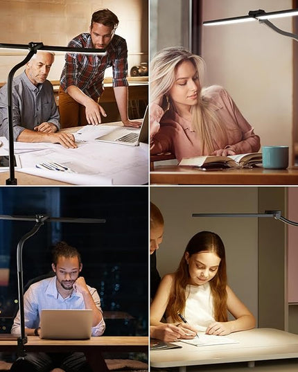 LED Desk Lamp for Home Office, 24W Double Head Architect Desk Lamp with Clamp, Remote Control, Adjustable Gooseneck, Stepless Dimming and Tempering Desk Light for Reading Study Drafting - LeafyLoom