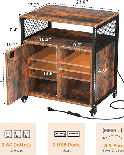 LED Rolling Wheels Filing Cabinet with Lock, File Cabinets with Charging Station, Printer Stand with Storage for Office Home, A4 Letter Size File Folders - LeafyLoom