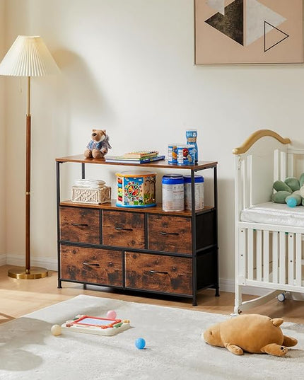 ANTONIA TV Stand Dresser for Bedroom with 5 Fabric Drawer, Entertainment Center for 45 inch Television, Media Console Table with Storage, Open Shelf, Adjustable Feet, Living Room Furniture, Brown - LeafyLoom