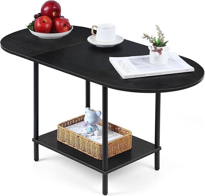 Coffee Tables for Living Room,2-Tier Small Coffee Table Industrial Modern Black Coffee Table with Storage Shelf and Wood Tabletop for Small Space,Home Office - LeafyLoom