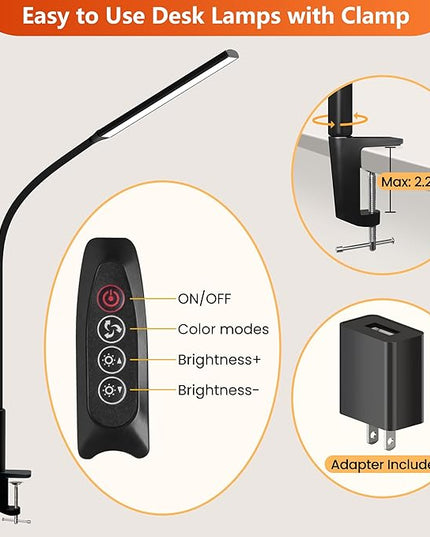 Desk Lamp with Clamp, Stepless Dimming Desk Lamps for Home Office Adjustable Desk Lamp Eye Caring Desk Light Office Lamp with USB Adapter for Working Drawing Sewing (Black) - LeafyLoom