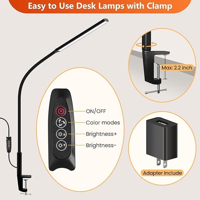 Desk Lamp with Clamp, Stepless Dimming Desk Lamps for Home Office Adjustable Desk Lamp Eye Caring Desk Light Office Lamp with USB Adapter for Working Drawing Sewing (Black) - LeafyLoom