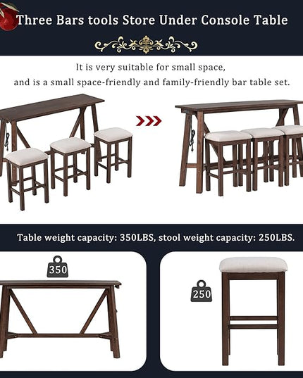 Multipurpose Dining Table Set with 3 Upholstered Stools, Easy to Assemble, Weight Capacity 350 LBS, for Living, Guest Room, Home Bar, Kitchen, Dark Walnut, 4-Piece - LeafyLoom