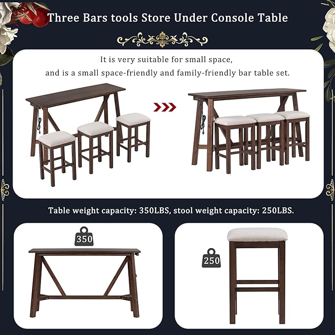 Multipurpose Dining Table Set with 3 Upholstered Stools, Easy to Assemble, Weight Capacity 350 LBS, for Living, Guest Room, Home Bar, Kitchen, Dark Walnut, 4-Piece - LeafyLoom