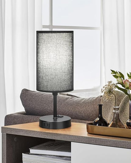 GGOYING Set of 2 Bedroom Table Lamp, Bedside Lamps with 3-Color Modes LED Bulbs, AC Outlet, Black Lampshade Nightstand Lamp for Living Room Nightstand Office - LeafyLoom