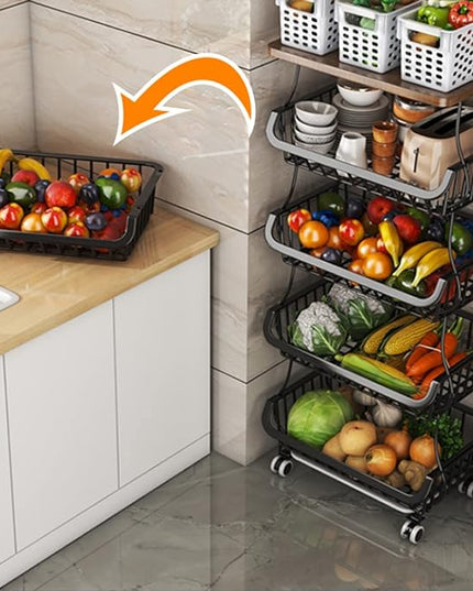 Wisdom Star 5 Tier Fruit Vegetable Basket for Kitchen with Wooden Tabletop, Storage Cart Vegetable Basket Bins for Onions and Potatoes, Wire Storage Basket Organizer Utility Cart with Wheels, Black - LeafyLoom
