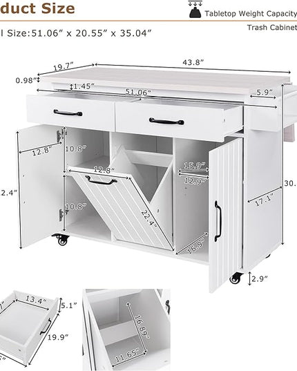 Kitchen Island with Trash Can Storage Cabinet, Kitchen Cart with Drop Leaf, Spice Rack, Towel Rack and Drawer, Rolling Kitchen Island on Wheels with Adjustable Shelf, White - LeafyLoom