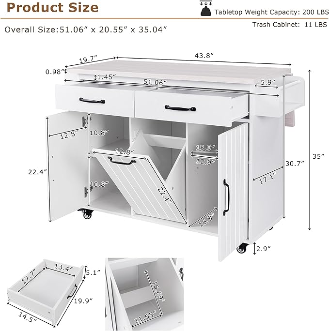 Kitchen Island with Trash Can Storage Cabinet, Kitchen Cart with Drop Leaf, Spice Rack, Towel Rack and Drawer, Rolling Kitchen Island on Wheels with Adjustable Shelf, White - LeafyLoom