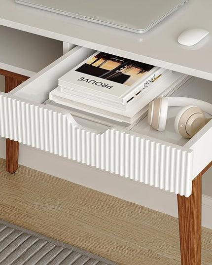 White Computer Desk with Drawers - 45 inch Minimalist Small Solid Wood Mid-Century Modern Office Desk for Home - Boho Style Writing Table with Open Storage,Light Wooden Desk Workspace - LeafyLoom