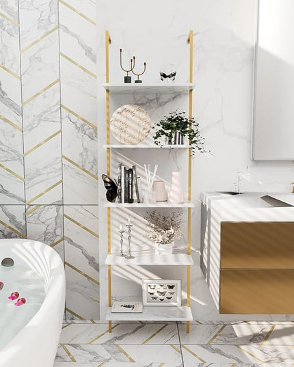 aboxoo Ladder Shelf 5 Tiers Metal Industrial Bookshelf,Small White Faux Marble Wood Tall Open Storage Rack and Display Shelves,Wall Mounted Wide Book Case for Home Office Bedroom - LeafyLoom