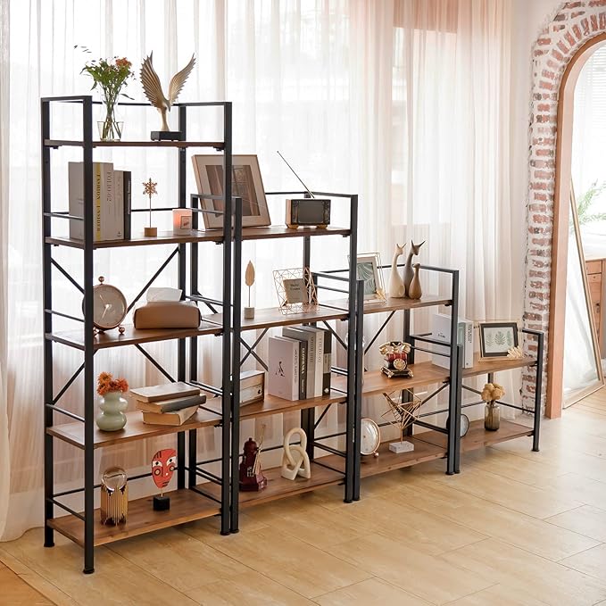 Rustic Bookshelf, 5 Tier Real Wood Bookshelf, Metal Book Shelf for Storage, Black Bookcase, 12.6" D x 23.62" W x 64.17" H - LeafyLoom
