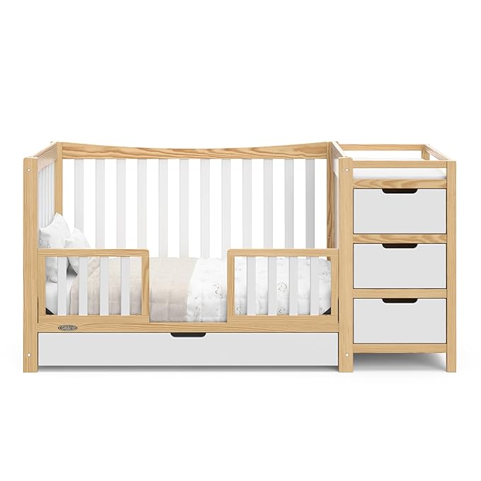 Graco Remi 4-In-1 Convertible Crib & Changer With Drawer (White & Natural) – GREENGUARD Gold Certified, Crib And Changing-Table Combo, Includes Changing Pad, Converts To Toddler Bed, Full-Size Bed - LeafyLoom