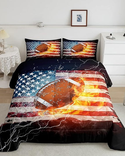 Boys American Football Comforter Set, United States Flag Down Comforter King Size, Soccer Sports Games Bedding Set for Kids Teens Adult Men, Geometric Stripes Retro Duvet Sets, Blue White and Red - LeafyLoom