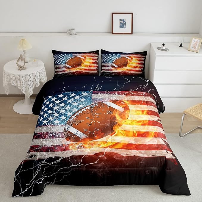 Boys American Football Comforter Set, United States Flag Down Comforter King Size, Soccer Sports Games Bedding Set for Kids Teens Adult Men, Geometric Stripes Retro Duvet Sets, Blue White and Red - LeafyLoom
