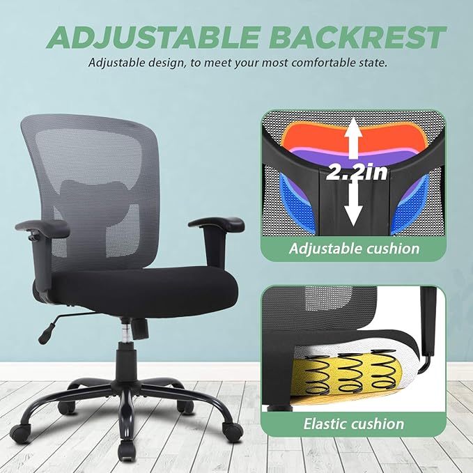BestOffice Big and Tall Office Chair 500lbs Desk Chair Mesh Computer Chair with Lumbar Support Wide Seat Adjust Arms Rolling Swivel High Back Task Executive Ergonomic Chair for Home Office (Grey) - LeafyLoom