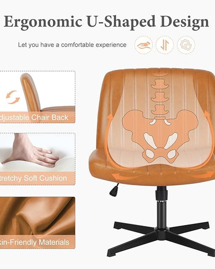 Sweetcrispy Criss Cross Chair Legged, Armless Office Desk Chair No Wheels, Swivel Vanity Chair, Height Adjustable Wide Seat Computer Task Chair, PU Leather Vanity Modern Home Chair Brown - LeafyLoom