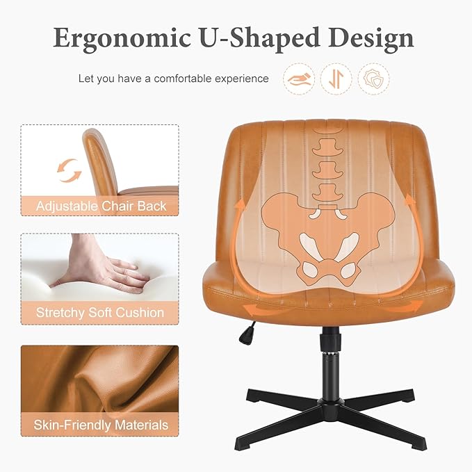 Sweetcrispy Criss Cross Chair Legged, Armless Office Desk Chair No Wheels, Swivel Vanity Chair, Height Adjustable Wide Seat Computer Task Chair, PU Leather Vanity Modern Home Chair Brown - LeafyLoom