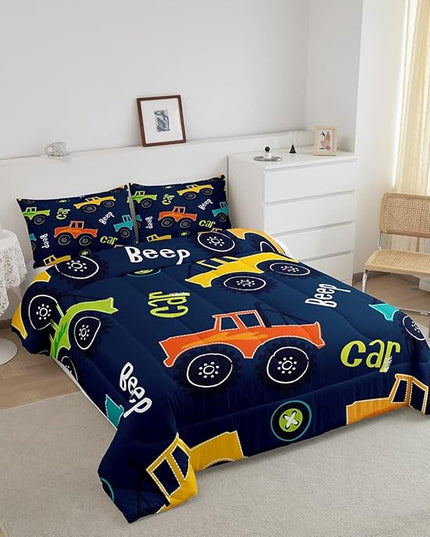Cartoon Car Bedding Set Construction Kids Comforter Set Boys Girls Equipment Trucks Decor Comforter Microfiber Cartoon Car Excavator Tractor Duvet Set Bedroom Quilt Set Full - LeafyLoom